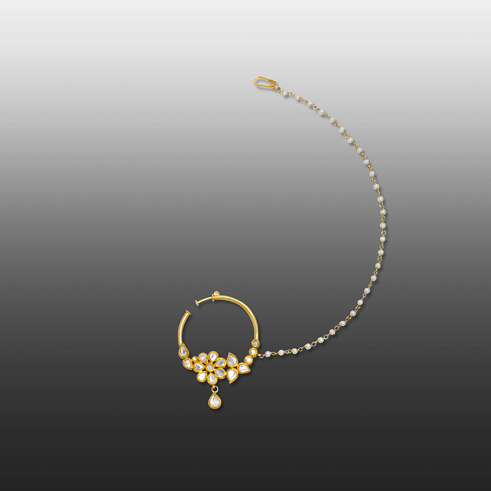 Polki Floral Nath with Gold Setting and Pearl String Support